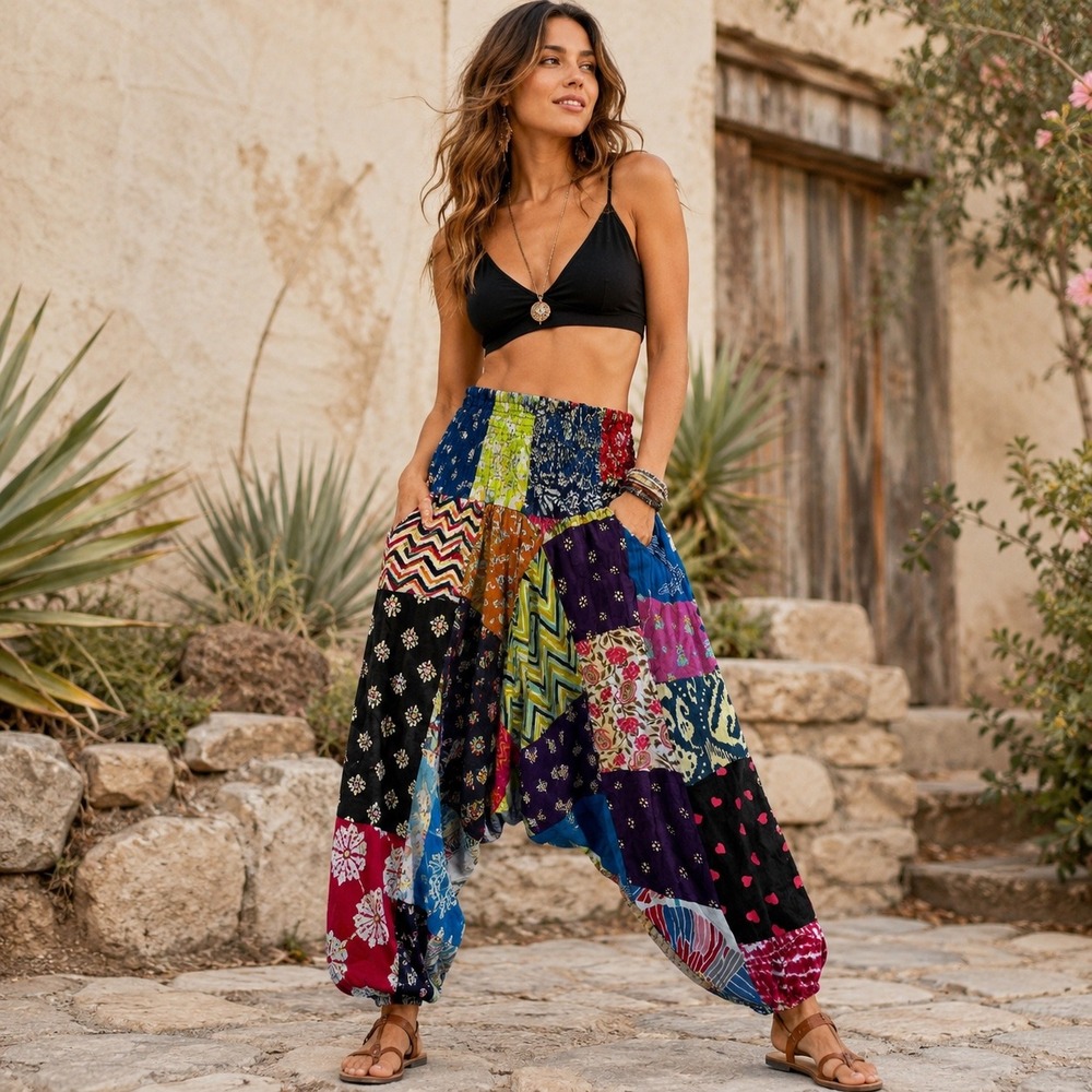 Handmade Recycled Patchwork Harem/Balloon Pants Boho Festival Upcycled Patchwork